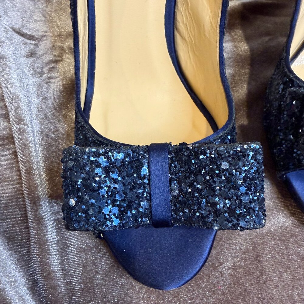 KATE SPADE Navy Glitter Blue Bow Slingback Charm Heels 8 designer glam couquette - Picture 8 of 13